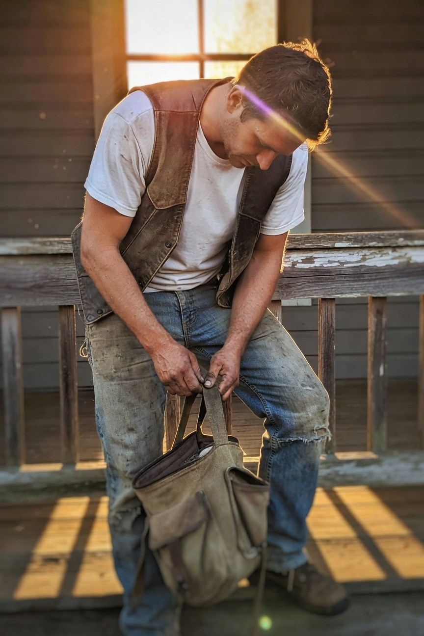 Man in brown leather vest over white t-shirt, faded blue work jeans, brown canvas messenger bag, and brown boots, crouched pose highlighting casual western workwear layers