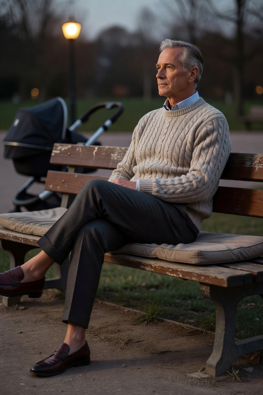 Mature man in cream cable knit sweater layered over light blue collared shirt, gray cuffed trousers, and brown loafers, seated casually