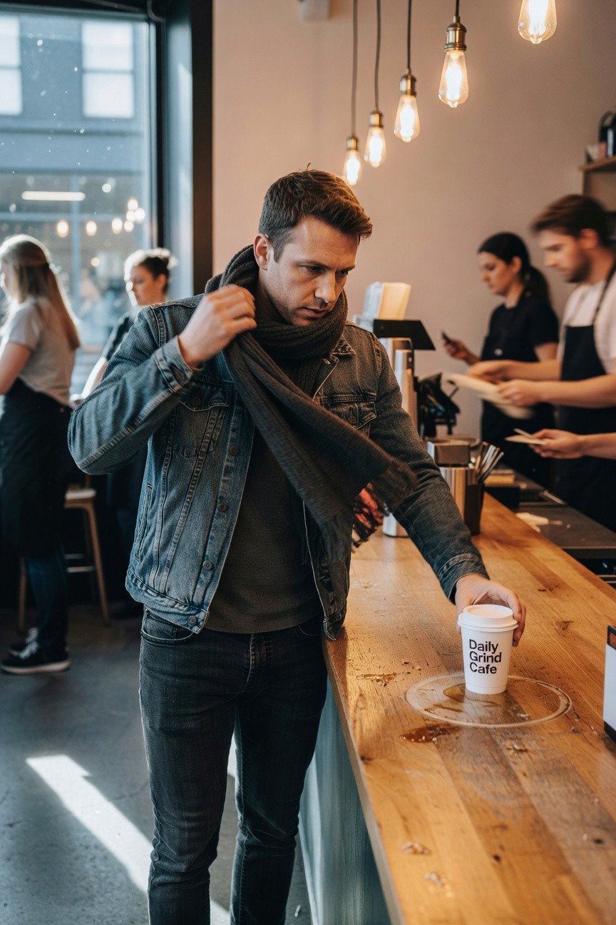 Man in light wash denim jacket over dark gray top, gray knit scarf draped around neck, slim black pants and dark shoes, leaning on cafe counter holding white coffee cup