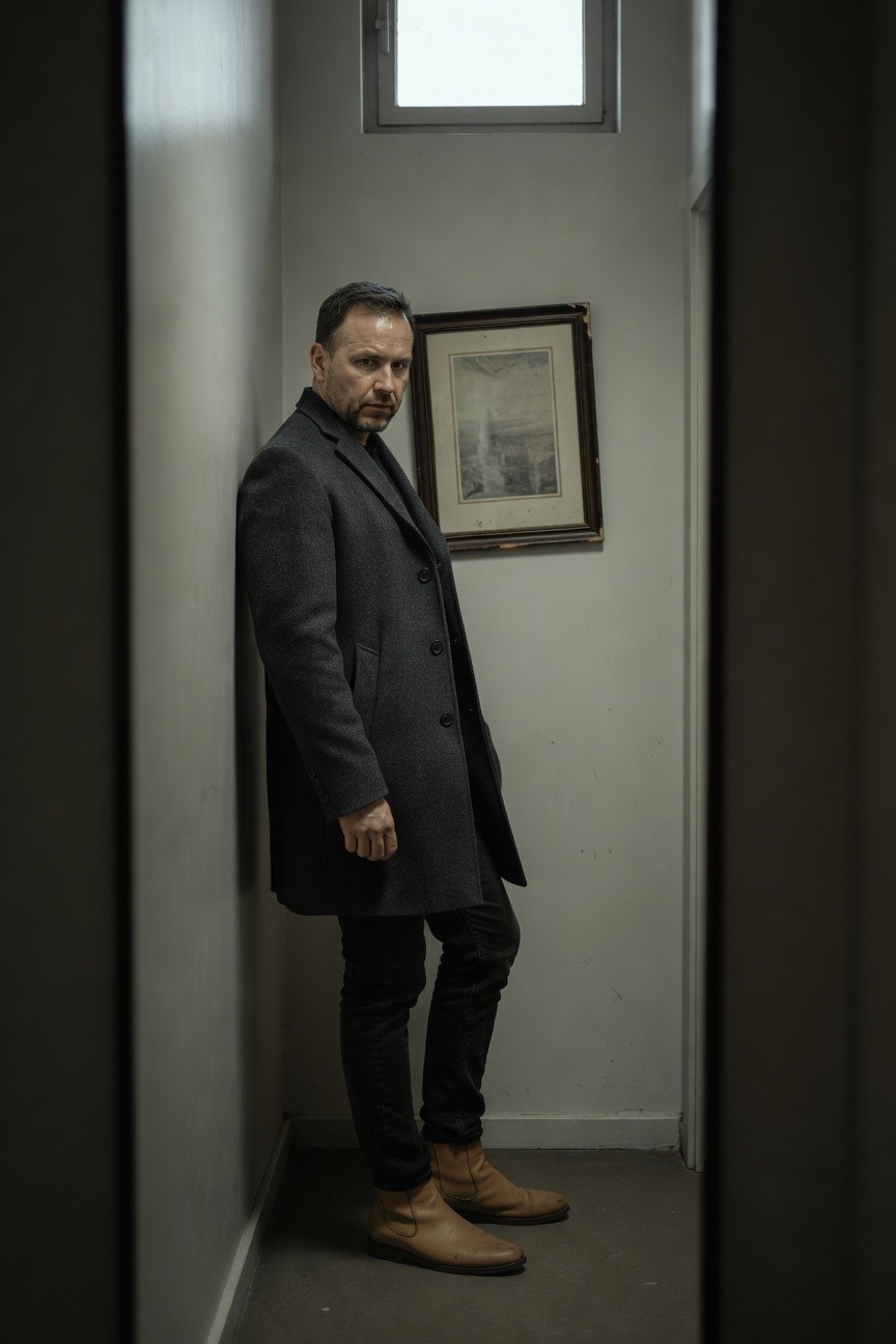 Man in dark grey overcoat over shirt and slim black pants with tan suede boots, leaning against indoor wall