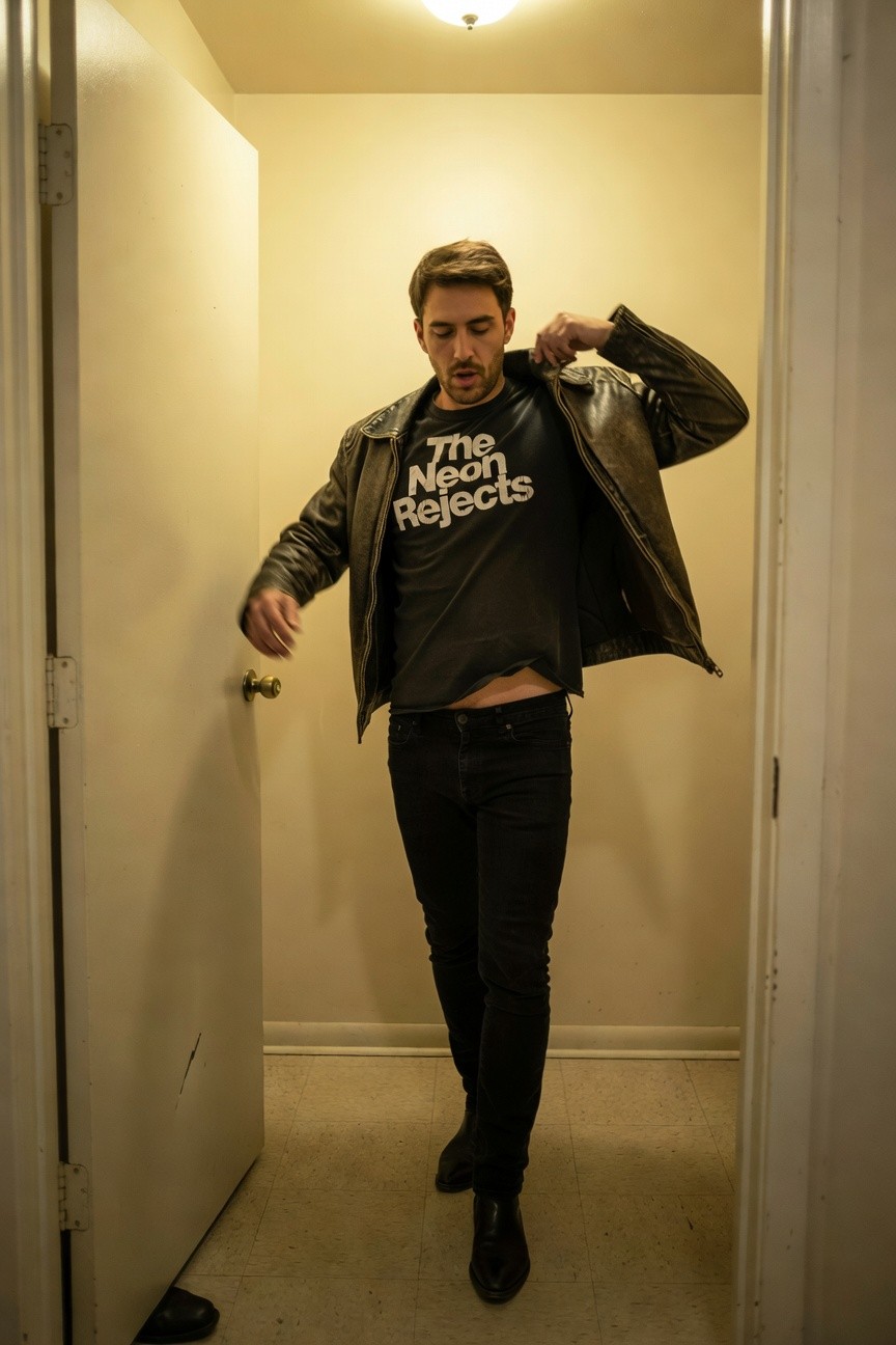 A man stands in a narrow indoor hallway wearing an open black leather jacket over a black graphic t-shirt with 