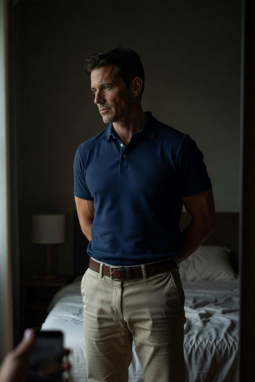 Man in navy short-sleeve polo shirt tucked into khaki pants with brown belt, hands in pockets, standing in bedroom mirror reflection