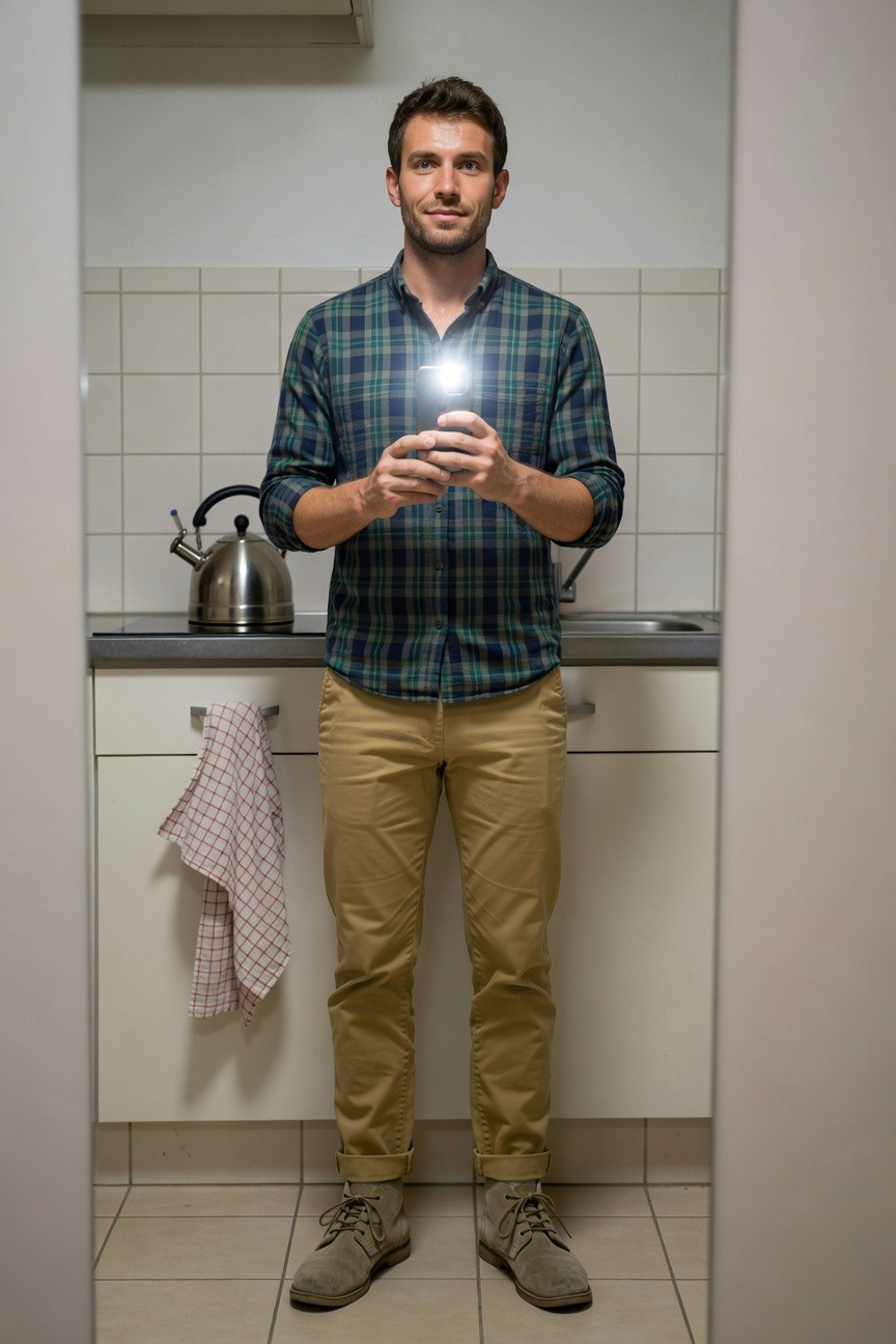 Man standing in kitchen mirror selfie wearing green plaid flannel shirt, slim khaki chinos, and tan desert boots, holding phone with flashlight on