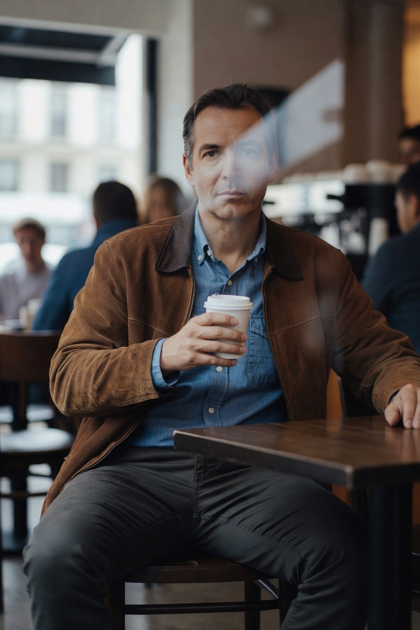 Man seated in a brown suede jacket with shearling collar over a light blue chambray shirt, dark slim trousers, holding a white coffee cup in a cafe setting