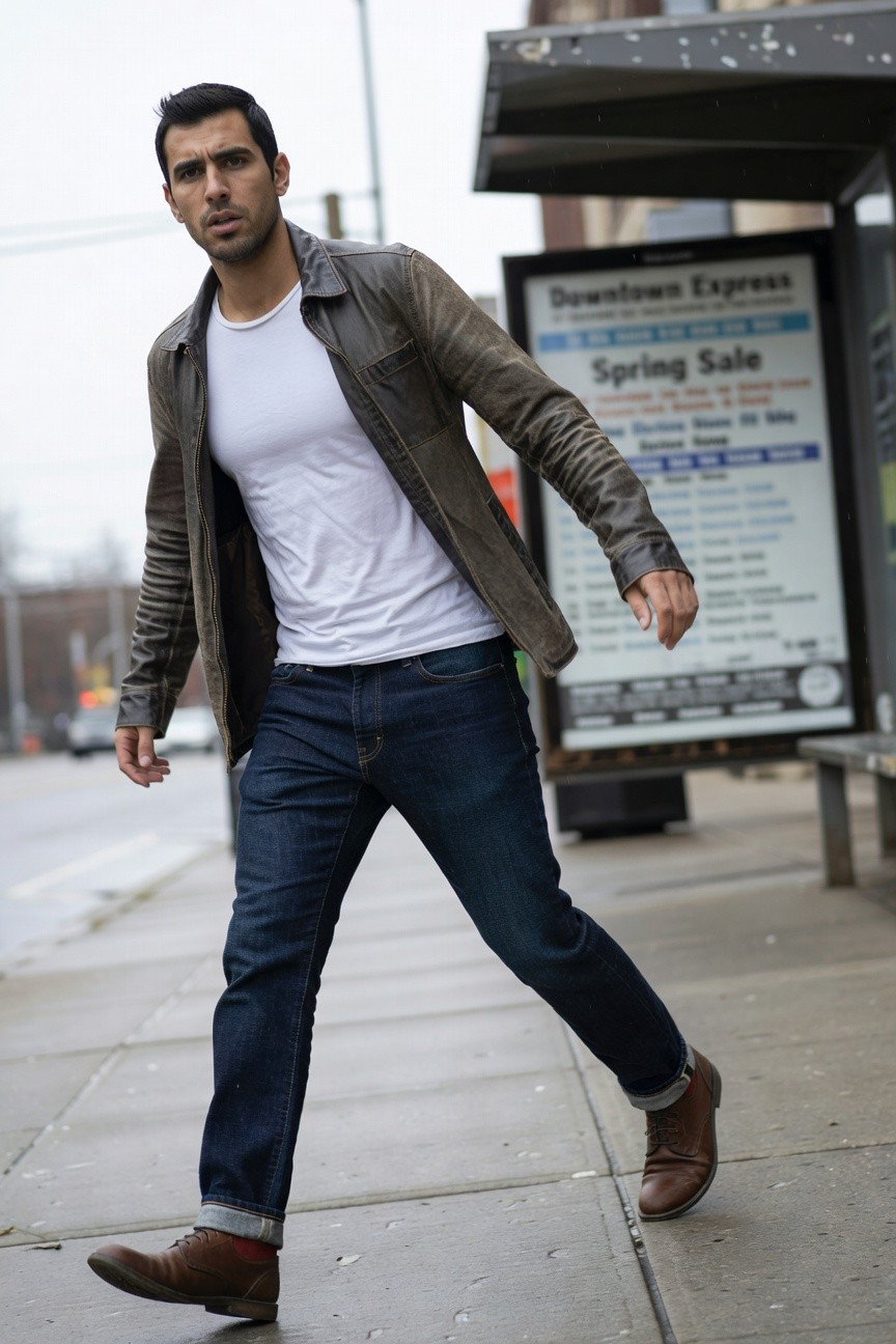 Man wearing open brown leather jacket over white t-shirt, dark blue straight-leg jeans cuffed at ankles, and brown leather boots, walking on urban sidewalk