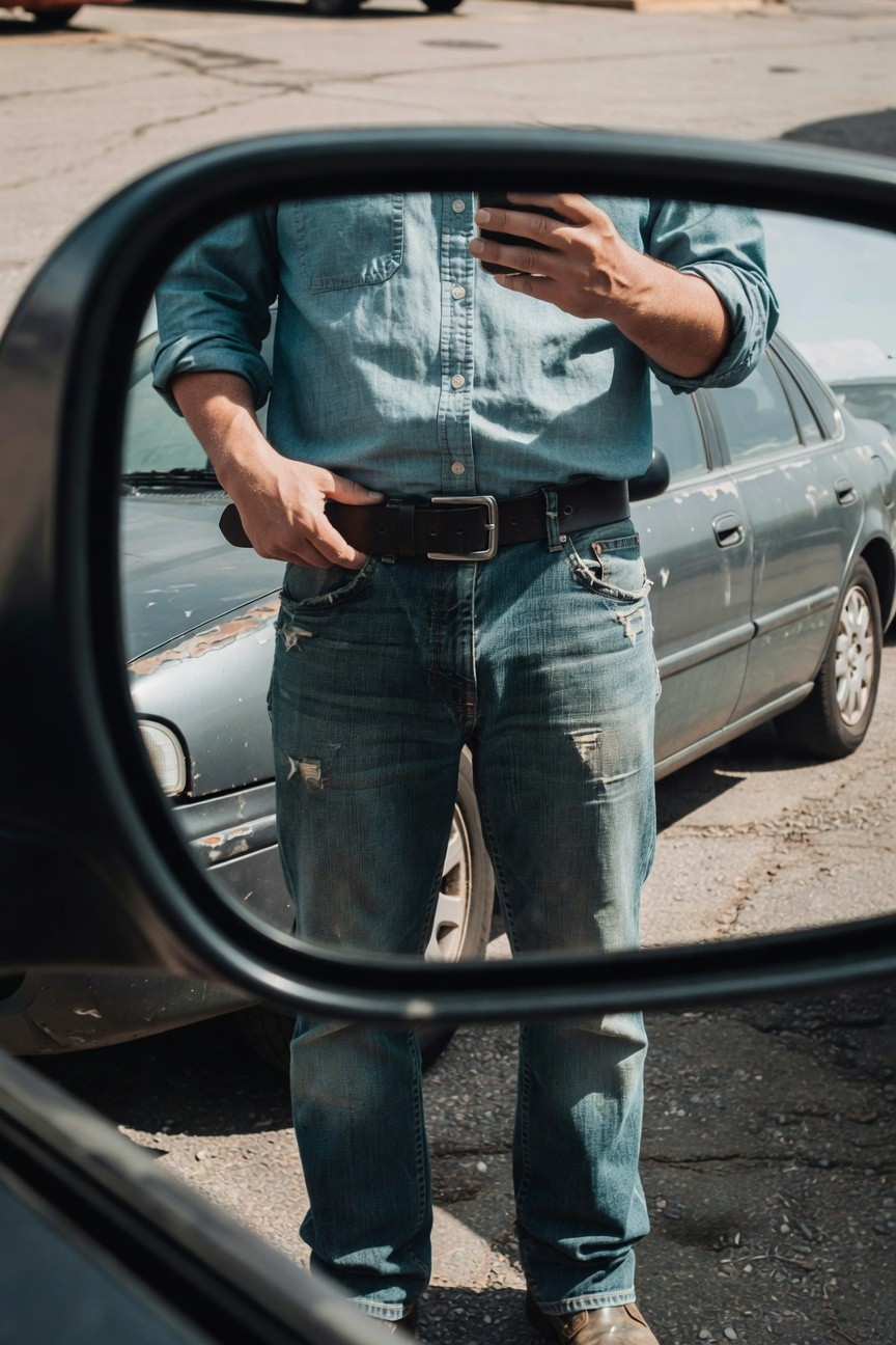 Man reflected in car side mirror wearing light blue chambray shirt with rolled sleeves, black belt, distressed blue jeans, and brown boots, hand adjusting belt