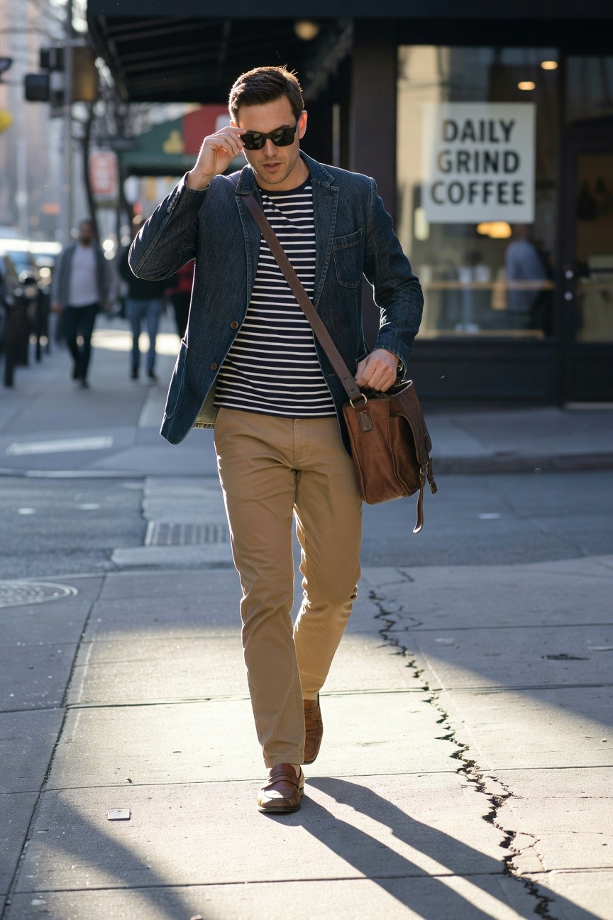 Man walking on city sidewalk in navy denim blazer over black-and-white striped shirt, khaki chinos, brown loafers, leather shoulder bag, and sunglasses, urban casual style