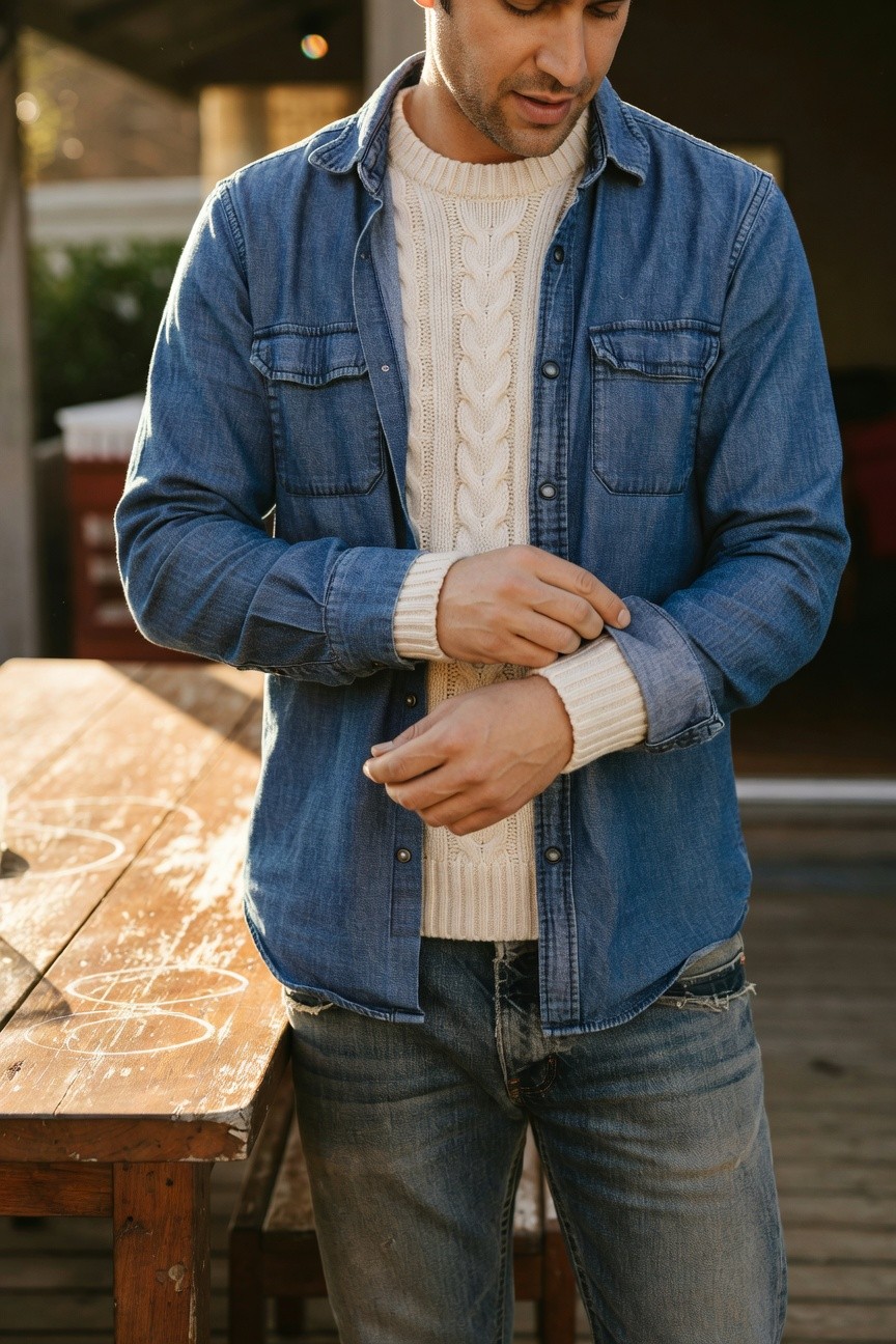 Man in open blue denim shirt layered over cream cable-knit sweater with cuffs rolled up, paired with slim blue jeans, standing casually outdoors