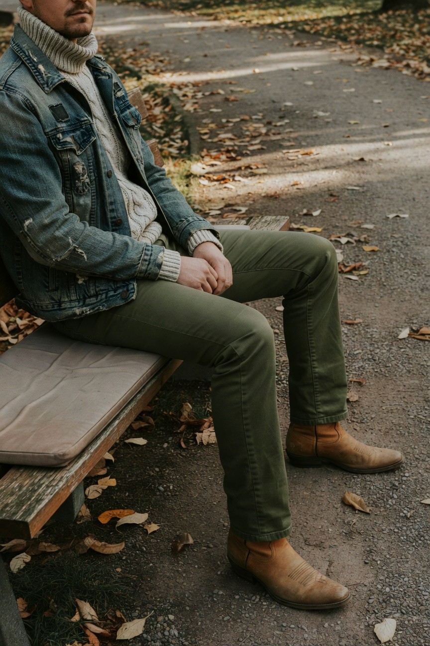Man seated on bench wearing faded ripped denim jacket over white turtleneck sweater, olive green slim pants, and tan leather ankle boots with heel