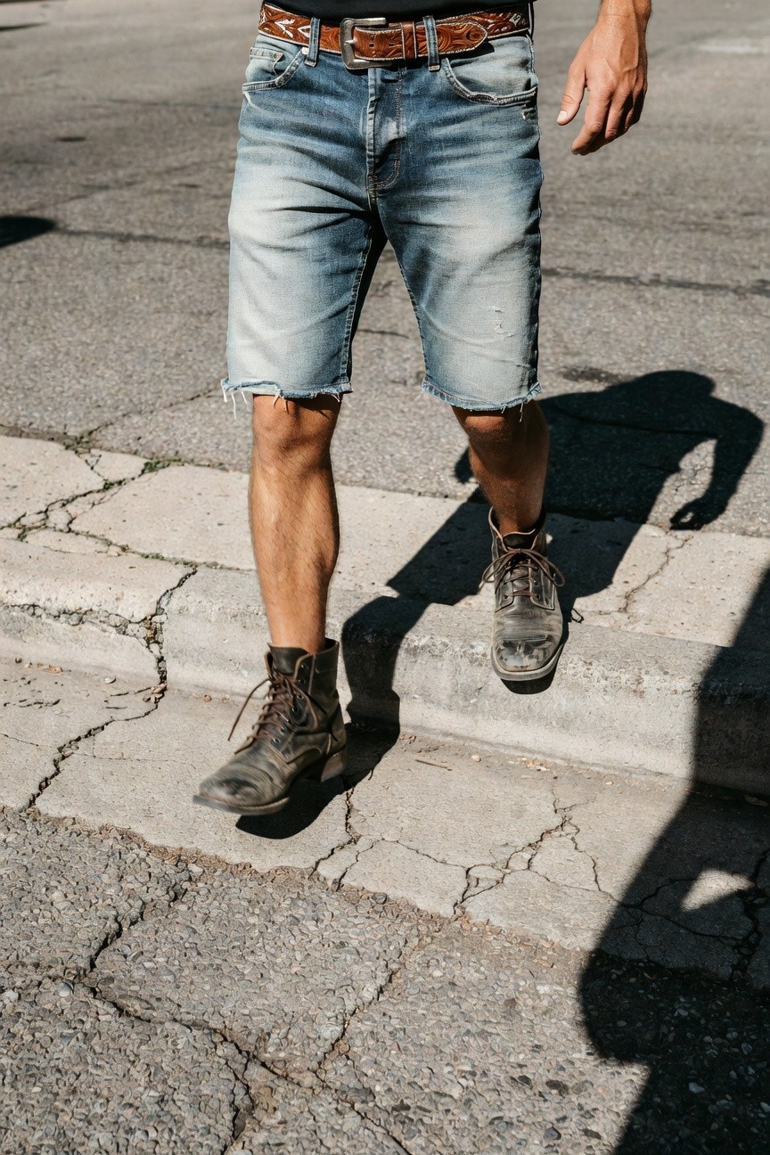 Man wearing light wash frayed denim shorts, wide concho belt, and brown leather lace-up boots, standing on concrete steps in urban setting