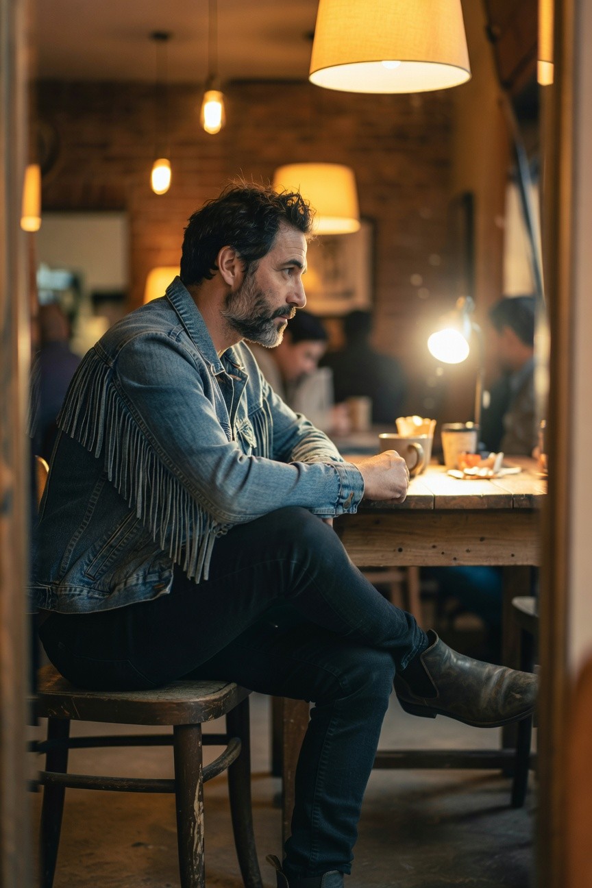 Man in open blue fringed denim jacket, slim black pants, and brown leather boots, seated casually with one leg crossed over the other at a wooden table