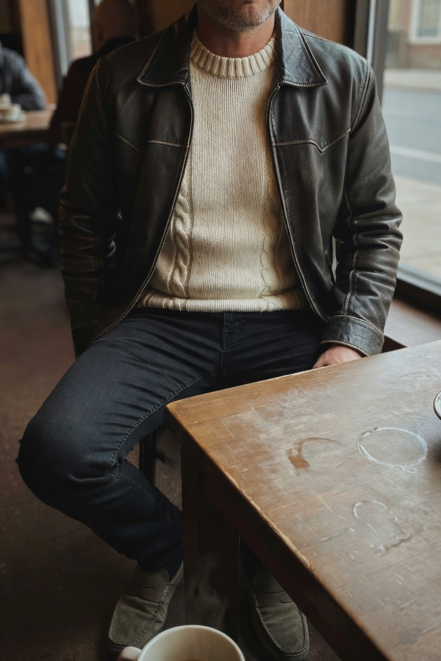 Man seated at wooden cafe table wearing black Western-style leather jacket over cream cable knit sweater, slim dark jeans, and light suede shoes, with coffee mug nearby