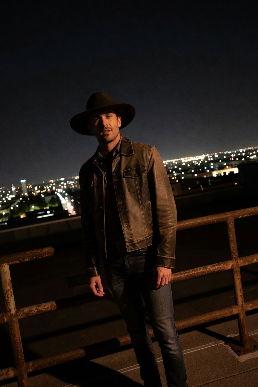 Man in dark brown leather jacket, black t-shirt, slim dark jeans, and wide-brim brown hat, standing casually on a metal railing overlook at night.