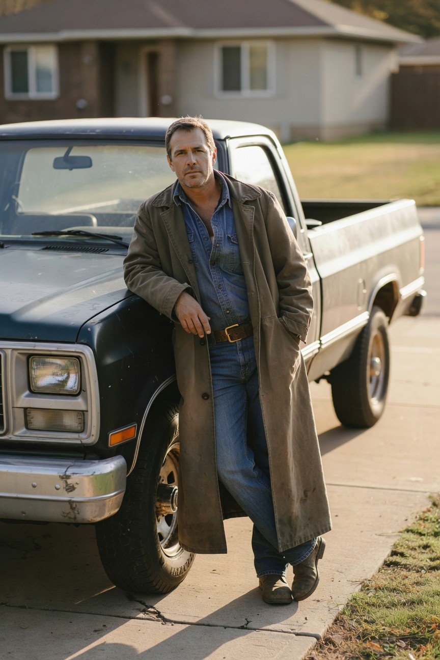 Man in long beige trench coat over open blue denim shirt and jeans, leaning against vintage blue pickup truck with brown belt and boots