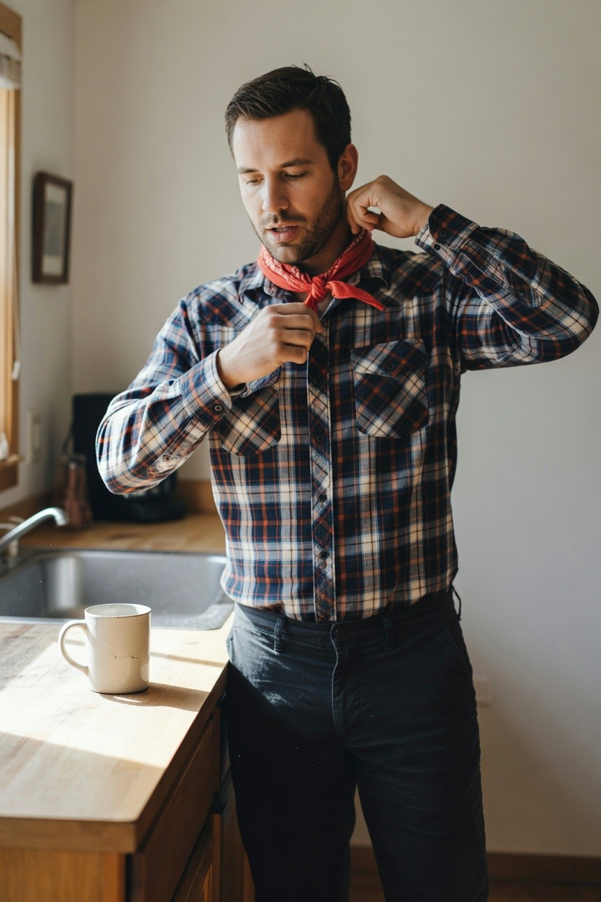 Man in a blue-black-white plaid button-up shirt tying a red bandana around his neck, wearing slim dark trousers, standing in a kitchen