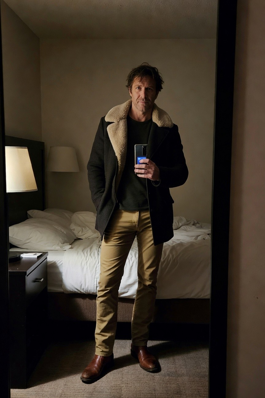 Man in hotel room mirror selfie wearing dark shearling-collar coat over black t-shirt, khaki pants, and brown leather boots, holding phone