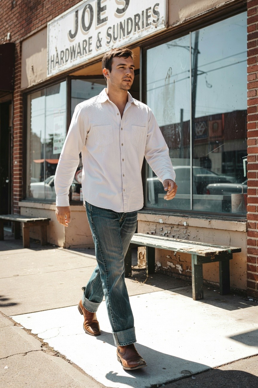 Man in white long-sleeve button-up shirt, dark blue rolled jeans, and brown leather boots walking casually in front of a hardware store storefront