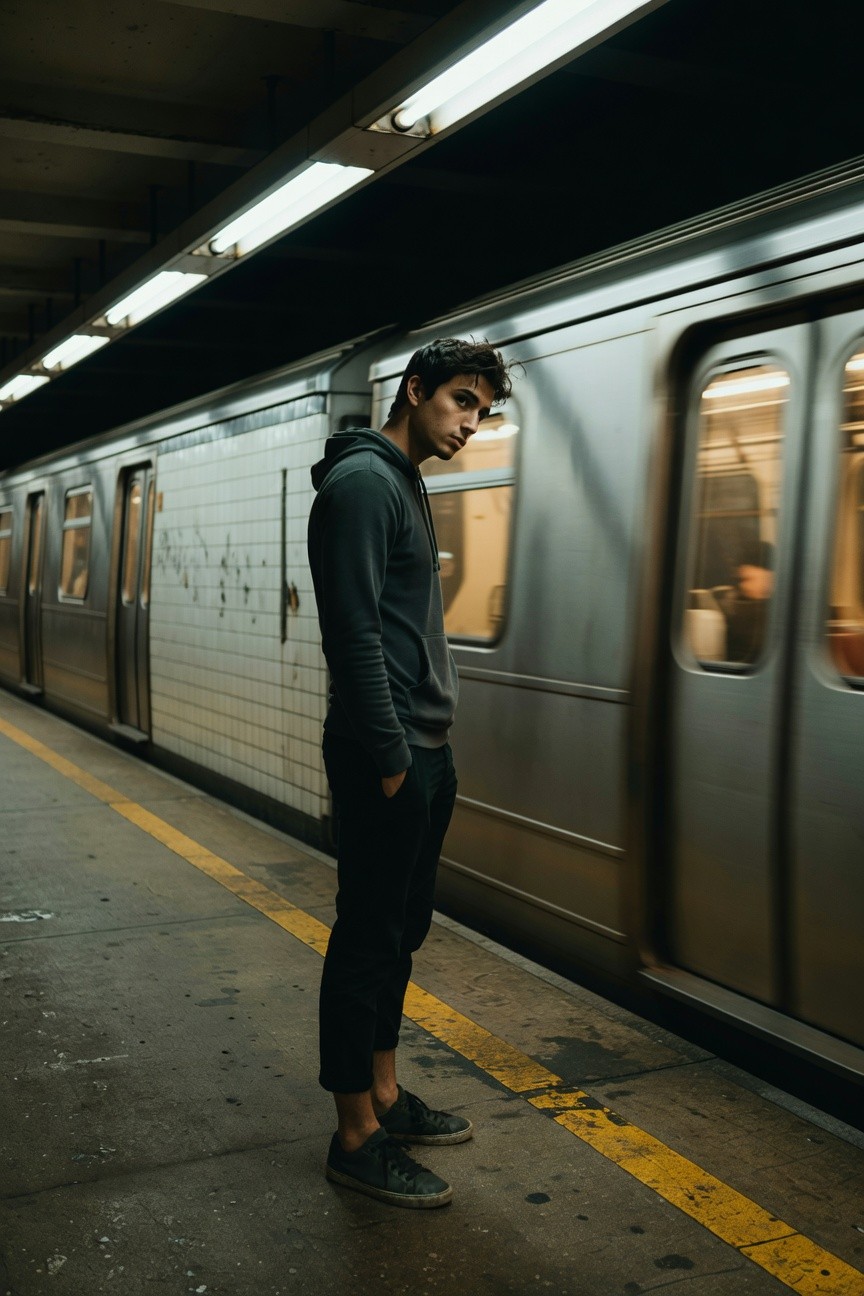 Side profile of a man in a dark grey hoodie, slim black ankle pants, and grey sneakers standing on a subway platform beside a silver train, evoking urban tailored casualness