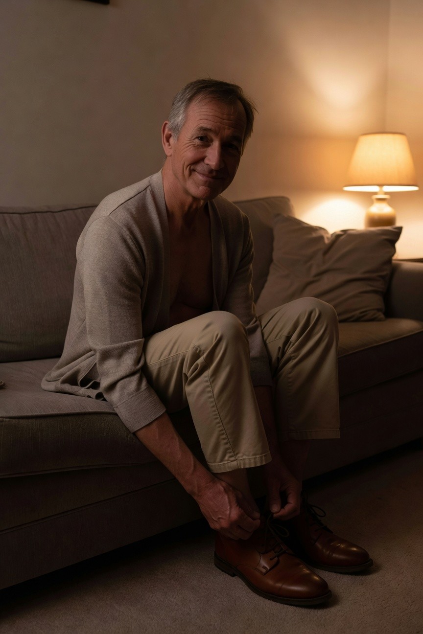 Older man with gray hair sitting on beige sofa in warm lamplight, wearing open light gray cardigan over bare chest, beige ankle pants, and brown leather dress shoes while tying one lace, relaxed tailored vibe.
