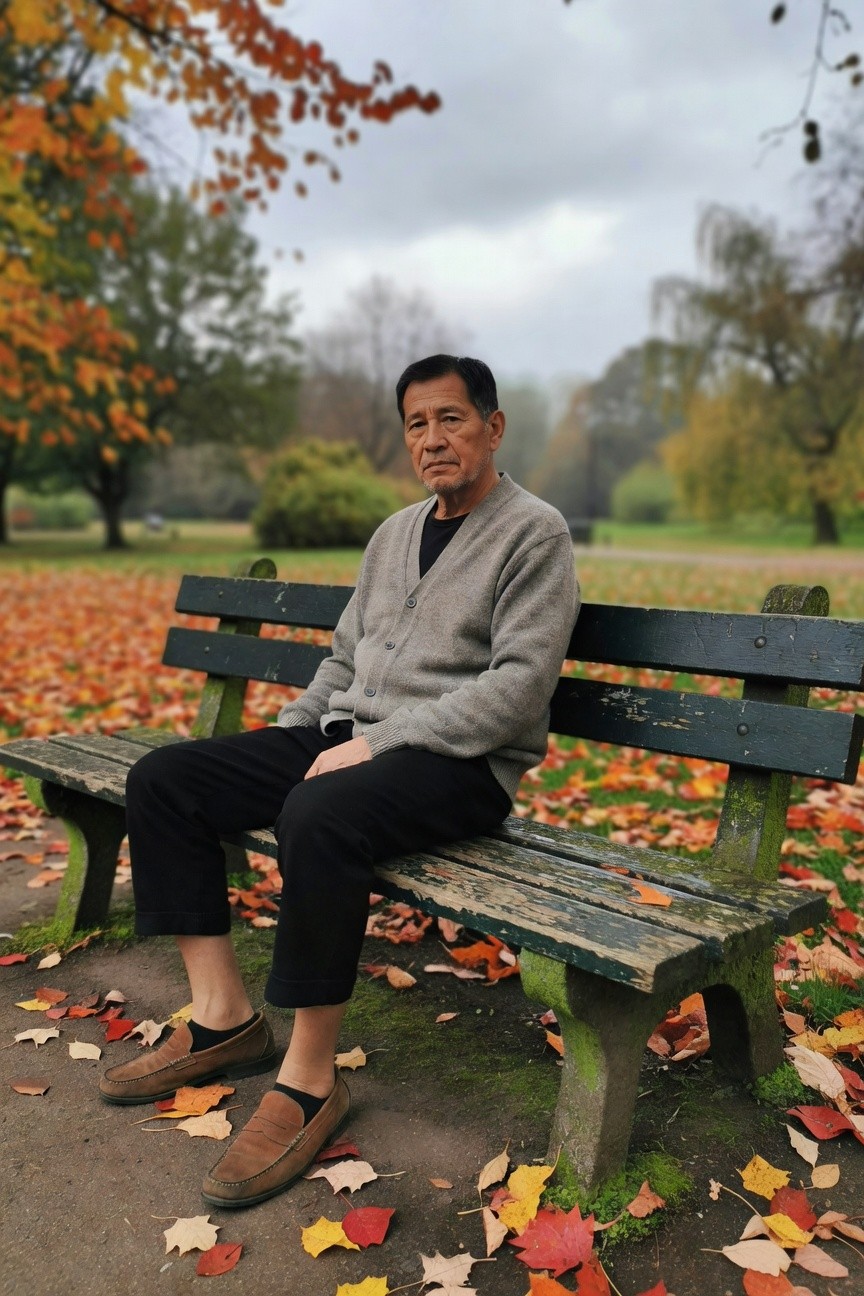 Older Asian man in slim black ankle pants, gray v-neck tee, open gray cardigan, and brown slippers, sitting relaxed on a green park bench surrounded by orange autumn leaves and trees under a cloudy sky.
