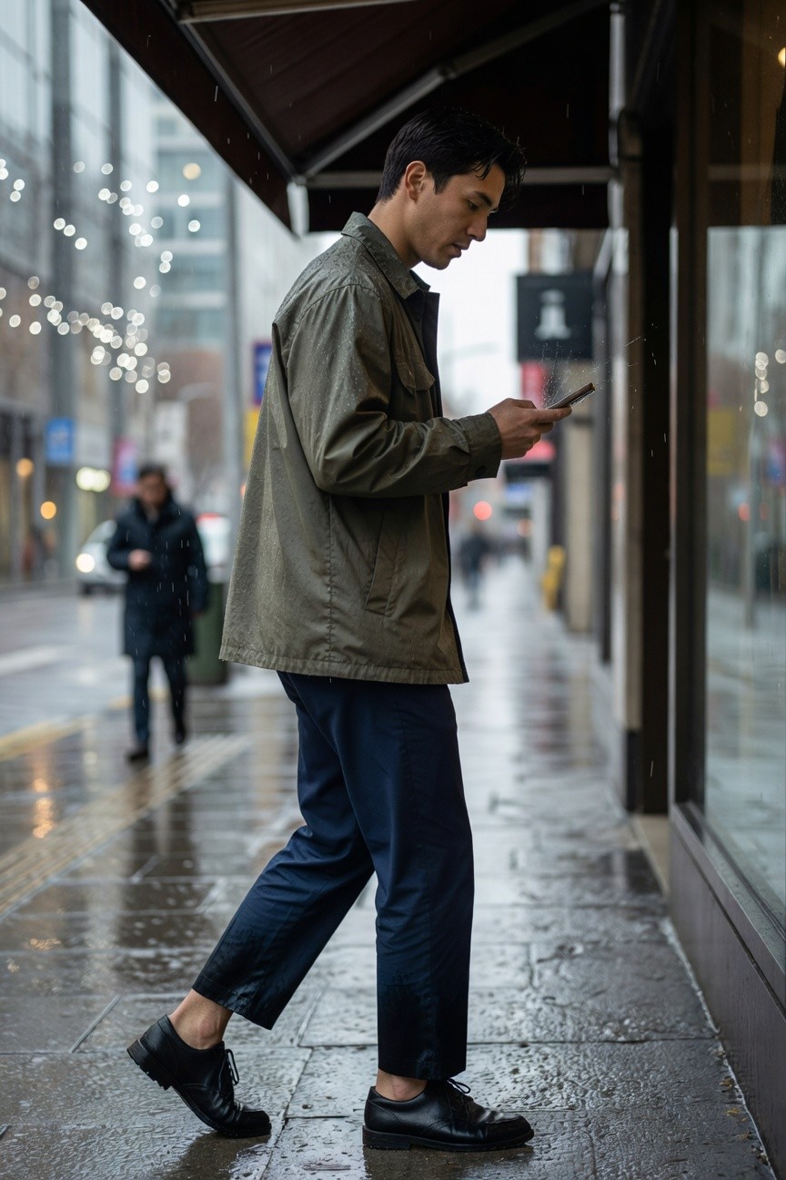 Man in olive green field jacket, navy ankle pants cropped above black oxfords, checking phone on rainy urban sidewalk with wet reflections and string lights
