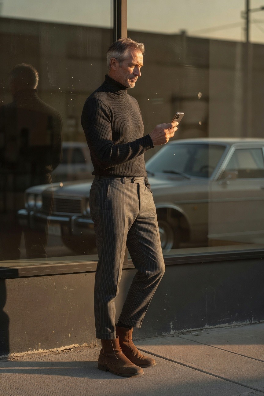A stylish man in a black turtleneck sweater, light gray slim ankle pants, and brown leather boots stands casually by a large window at sunset, checking his phone with a relaxed urban pose.
