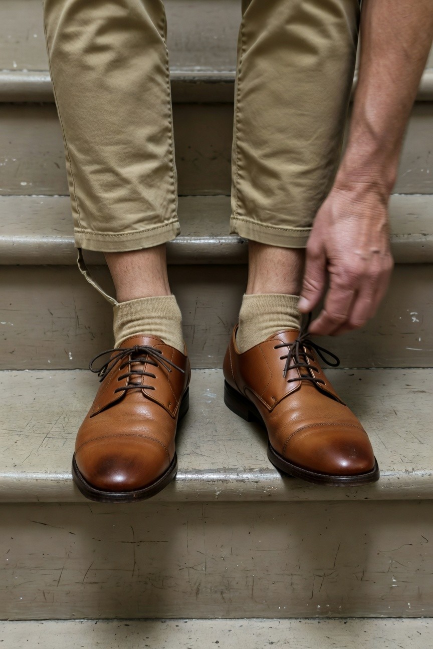 A man seated on concrete stairs tying the lace of his polished brown leather oxford shoe, dressed in slim-fitting khaki ankle chinos that expose khaki socks and the shoe's upper, hands relaxed against the step for a tailored casual look.