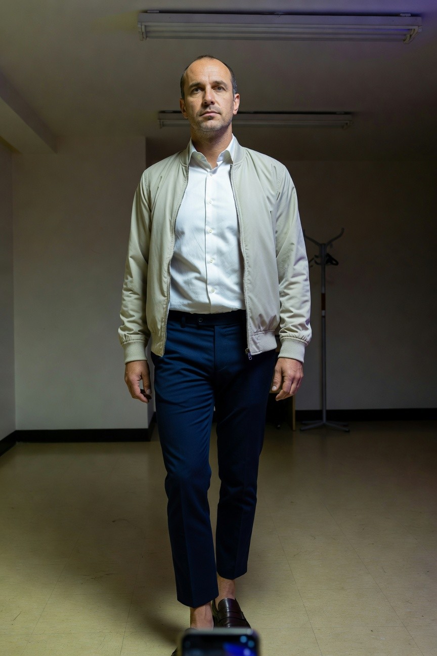 Bald man in beige bomber jacket, white button-up shirt, slim navy ankle pants, and brown loafers, walking in a fluorescent-lit room with a blue glowing object nearby