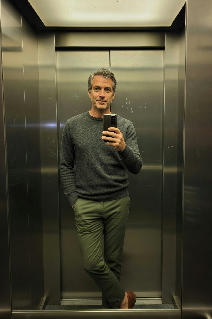 Middle-aged man in gray crewneck sweater and olive ankle chinos takes a mirror selfie in a steel elevator, one foot crossed casually in brown suede loafers, modern casual tailored style