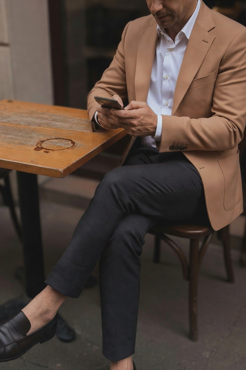 Man in tan blazer, white shirt, slim black ankle pants, and black loafers sits at a wooden cafe table outdoors, checking his phone with legs crossed casually