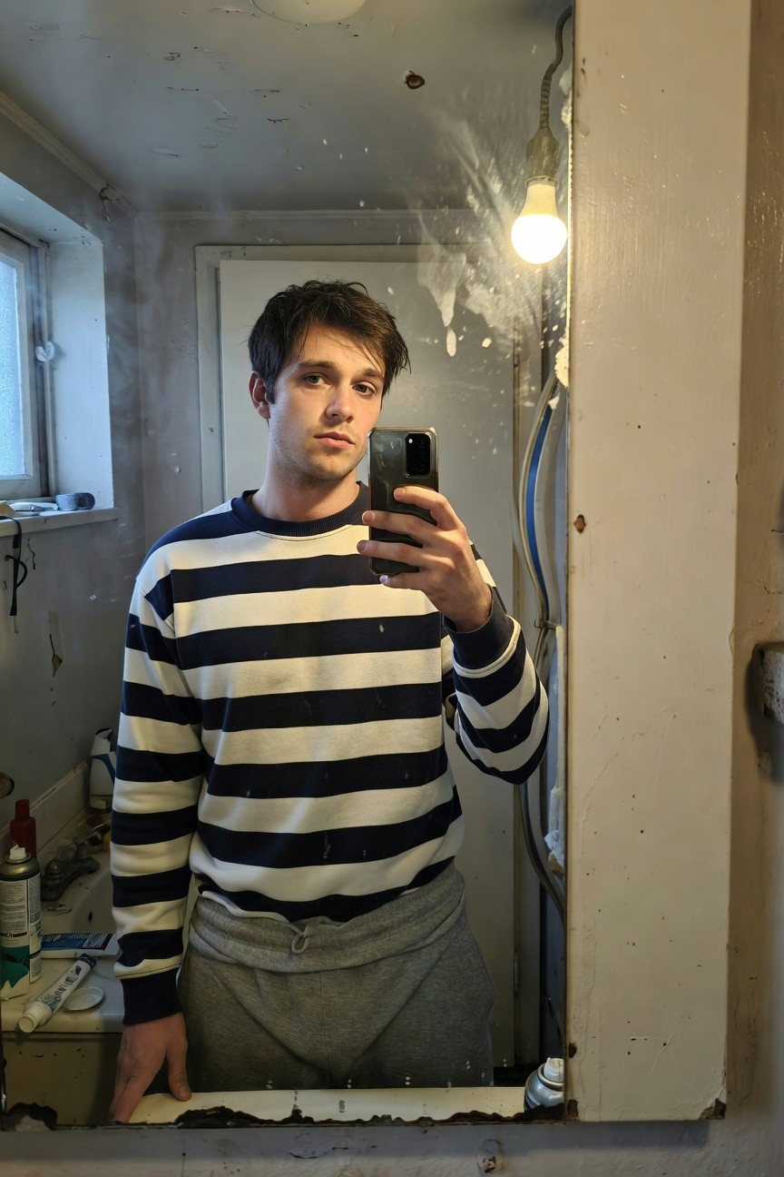 Young man taking a mirror selfie in a worn bathroom, dressed in a navy-and-white horizontal striped long-sleeve sweater tucked slightly into loose light grey sweatpants, casual relaxed pose with phone in hand
