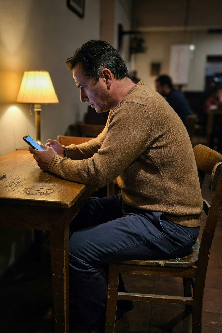 Middle-aged man in camel knit sweater and navy trousers sits hunched over phone at scarred wooden table in warm-lit café with lamp glow and blurred background patrons