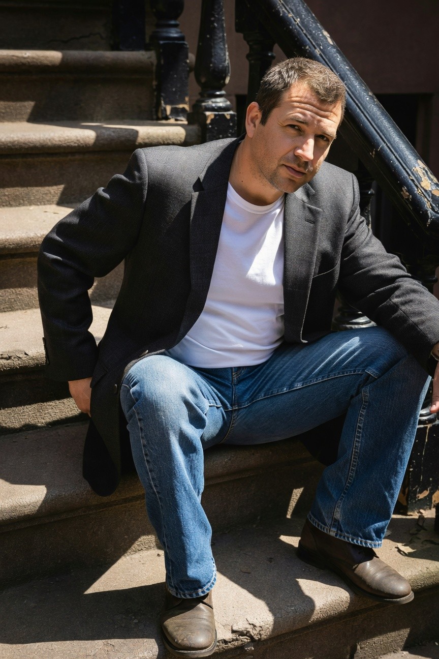 Middle-aged man seated casually on weathered brownstone steps, wearing an open charcoal gray blazer over white t-shirt, medium blue straight-leg jeans, and brown leather boots, urban relaxed pose
