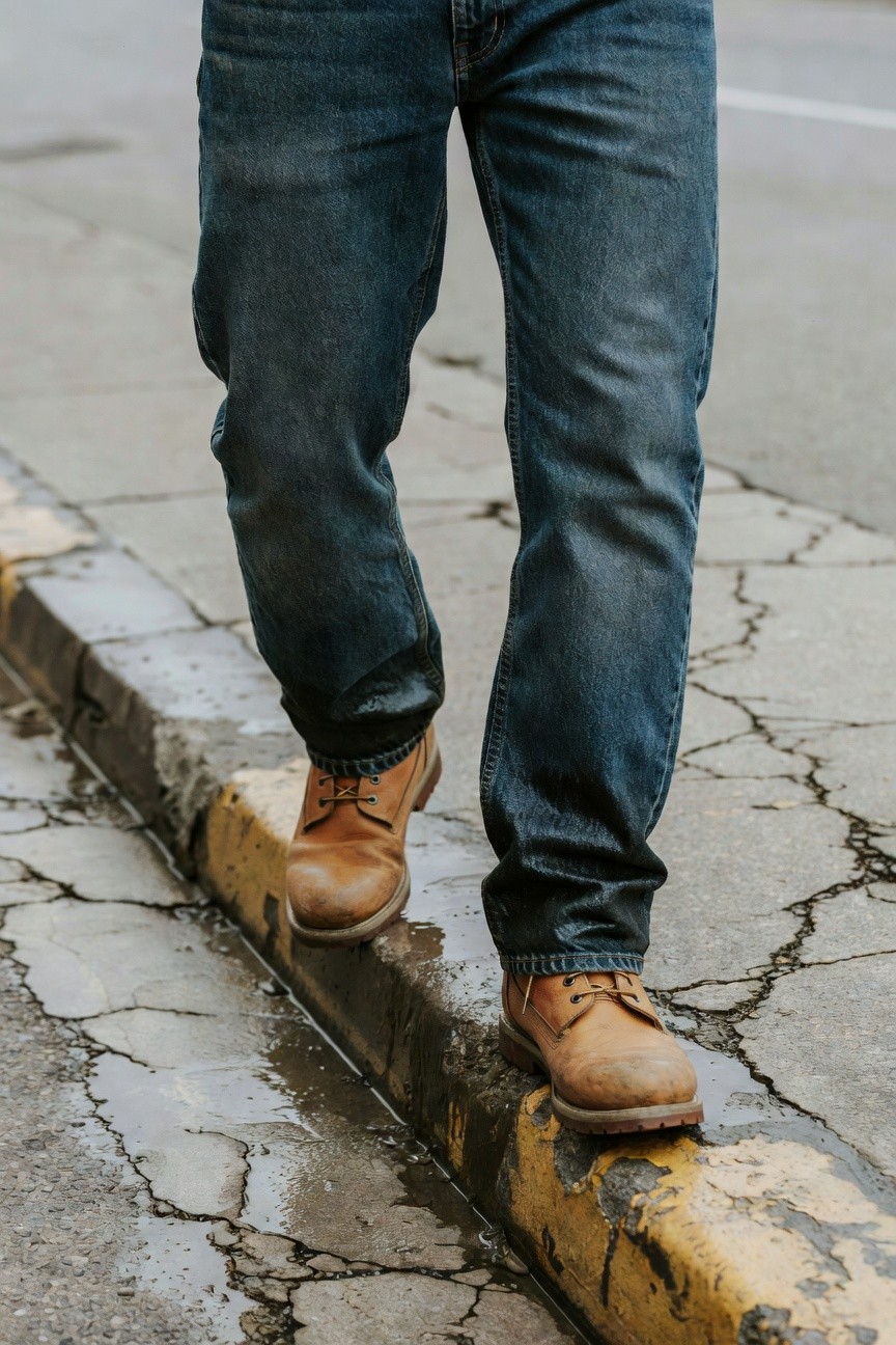 A man strides confidently along a yellow curb in slim dark blue jeans that taper neatly over tan laced leather boots, set against a wet urban sidewalk with faint cracks and distant buildings