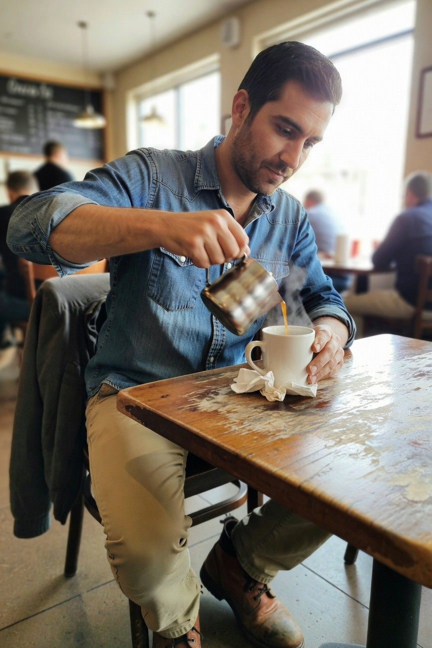 A man with dark hair wearing a light blue denim shirt with rolled sleeves, beige chinos, and brown leather boots sits at a wooden cafe table pouring steamed milk from a metal pitcher into a white mug, with a dark jacket on the chair behind him and a cozy window-lit interior.