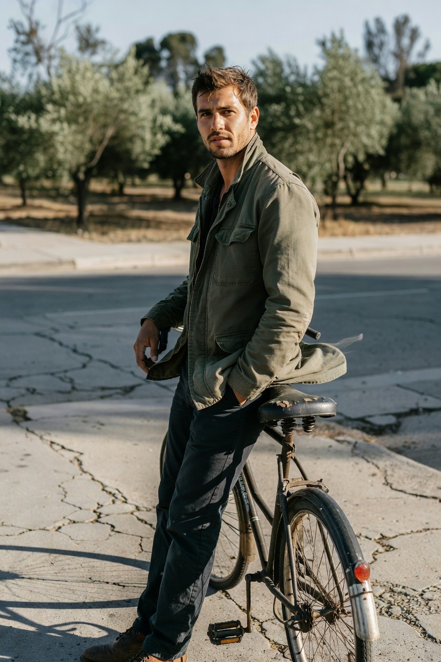 Man in olive green field jacket, black t-shirt, dark slim pants, and brown boots, leaning casually against a vintage bicycle on a sunlit cracked road surrounded by olive trees