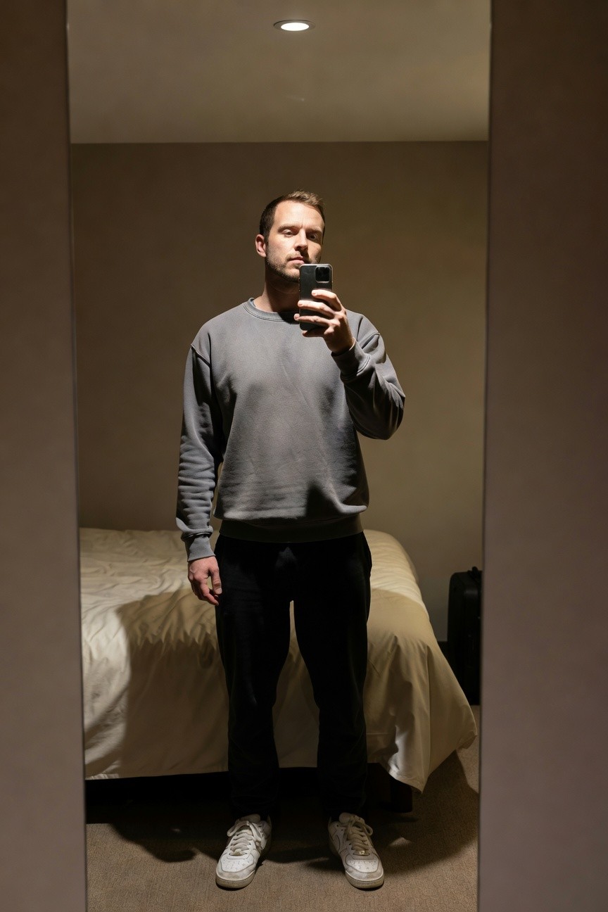 Man in light gray crewneck sweatshirt, straight black pants, and white sneakers posing for mirror selfie in cozy bedroom with bed and suitcase nearby