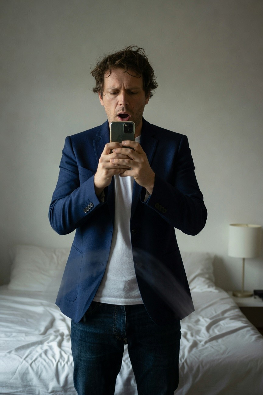 A man takes a selfie in a bedroom, wearing a navy blue blazer over a white t-shirt and dark jeans, standing confidently by a bed with a lamp in the background.