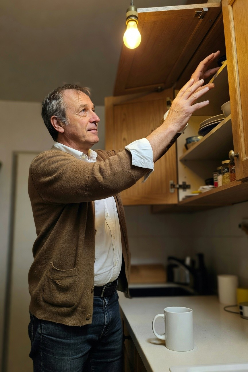 Middle-aged man in a cozy camel cardigan over white shirt and dark jeans reaches into an open wooden kitchen cabinet lit by a warm bulb with dishes and jars inside countertop mug nearby casual home style