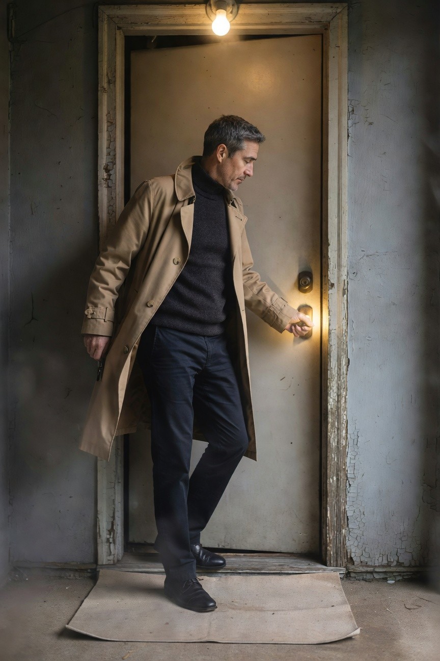 A man in a beige trench coat over a black turtleneck, dark trousers, and black shoes, hand on the knob of an open industrial door under warm light, evoking mystery and sophistication.