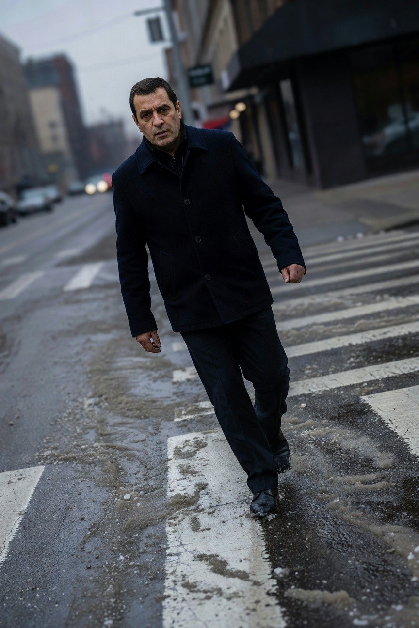Middle-aged man in dark navy wool overcoat, black turtleneck, black trousers, and black shoes, walking across a wet urban crosswalk in rainy weather