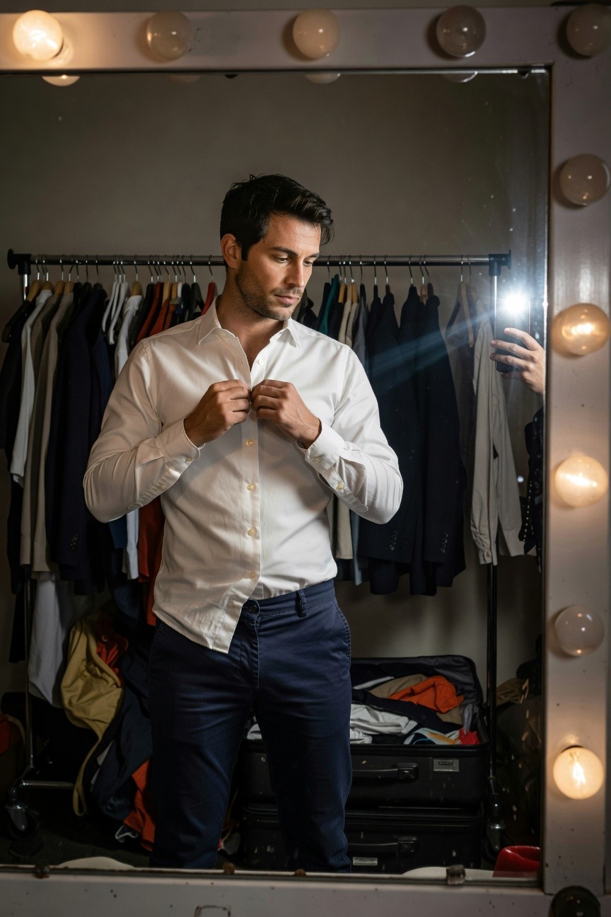 Handsome man with dark hair buttoning a crisp long-sleeved white dress shirt in a brightly lit dressing room mirror, paired with slim navy trousers, surrounded by hanging clothes and a suitcase