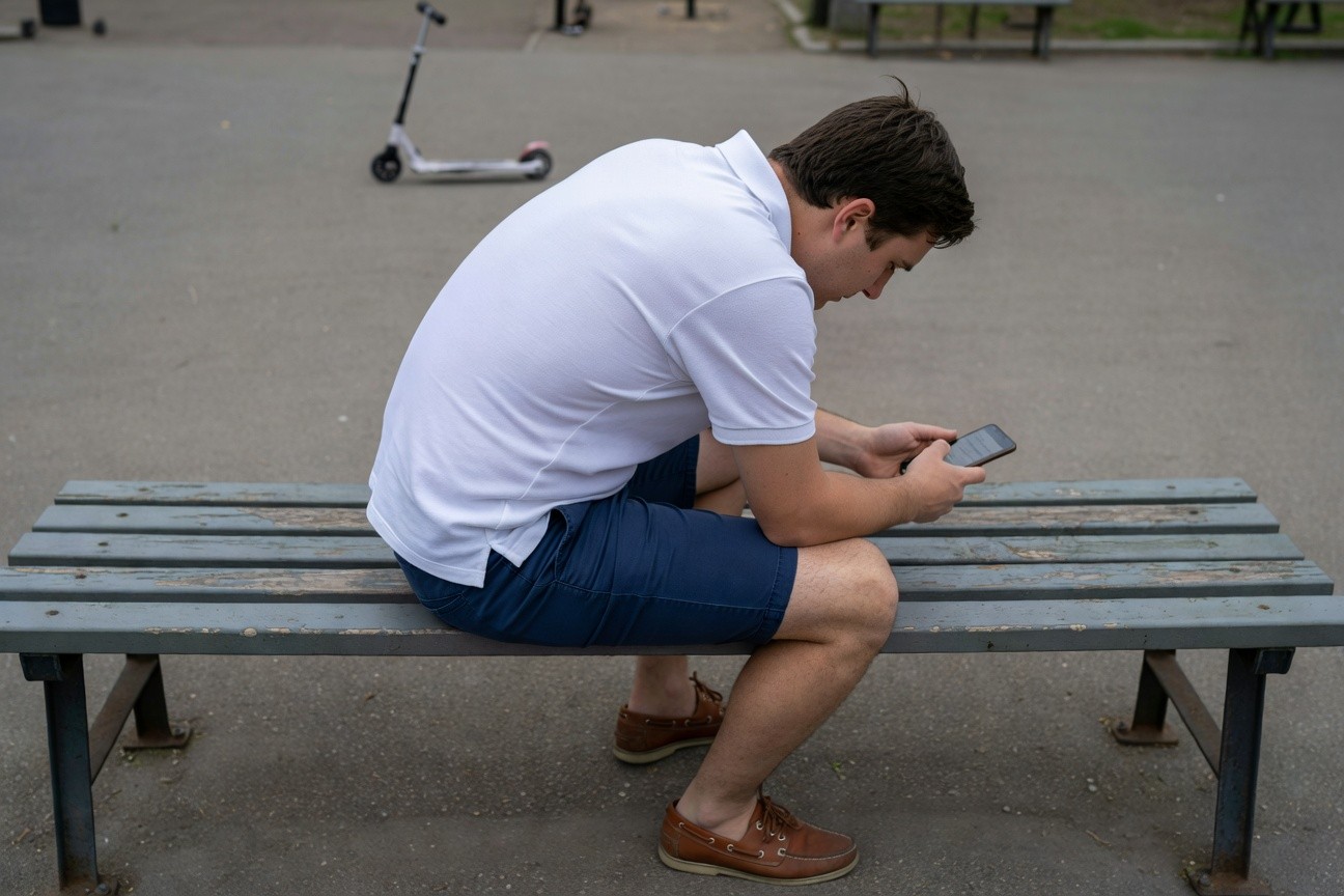 Young man in white short-sleeve polo shirt, navy knee-length shorts, and brown loafers sits hunched on a wooden park bench, intently viewing his phone with an electric scooter visible nearby