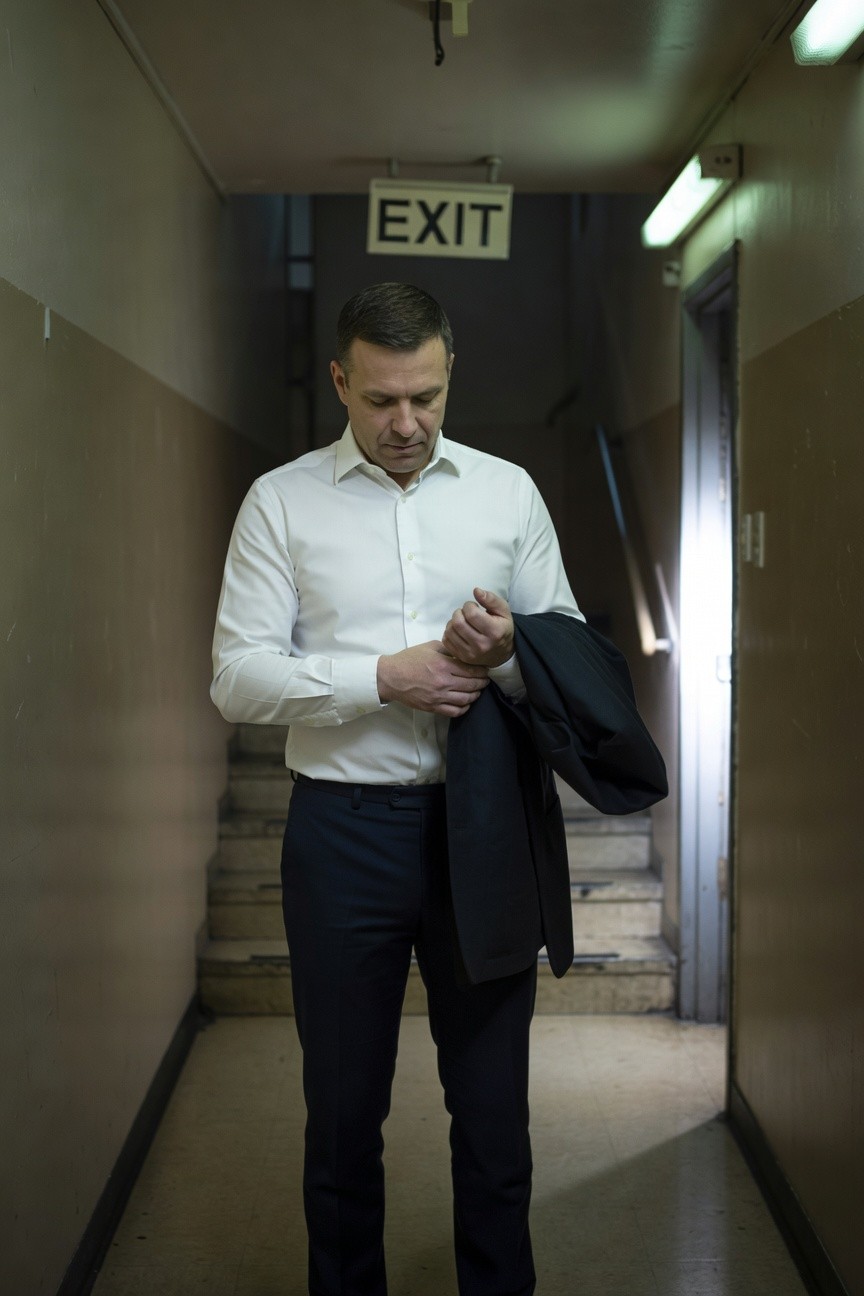 Man in white button-up shirt, dark slim trousers, and black jacket over arm, adjusting cuff in fluorescent-lit office hallway with exit sign and stairs visible