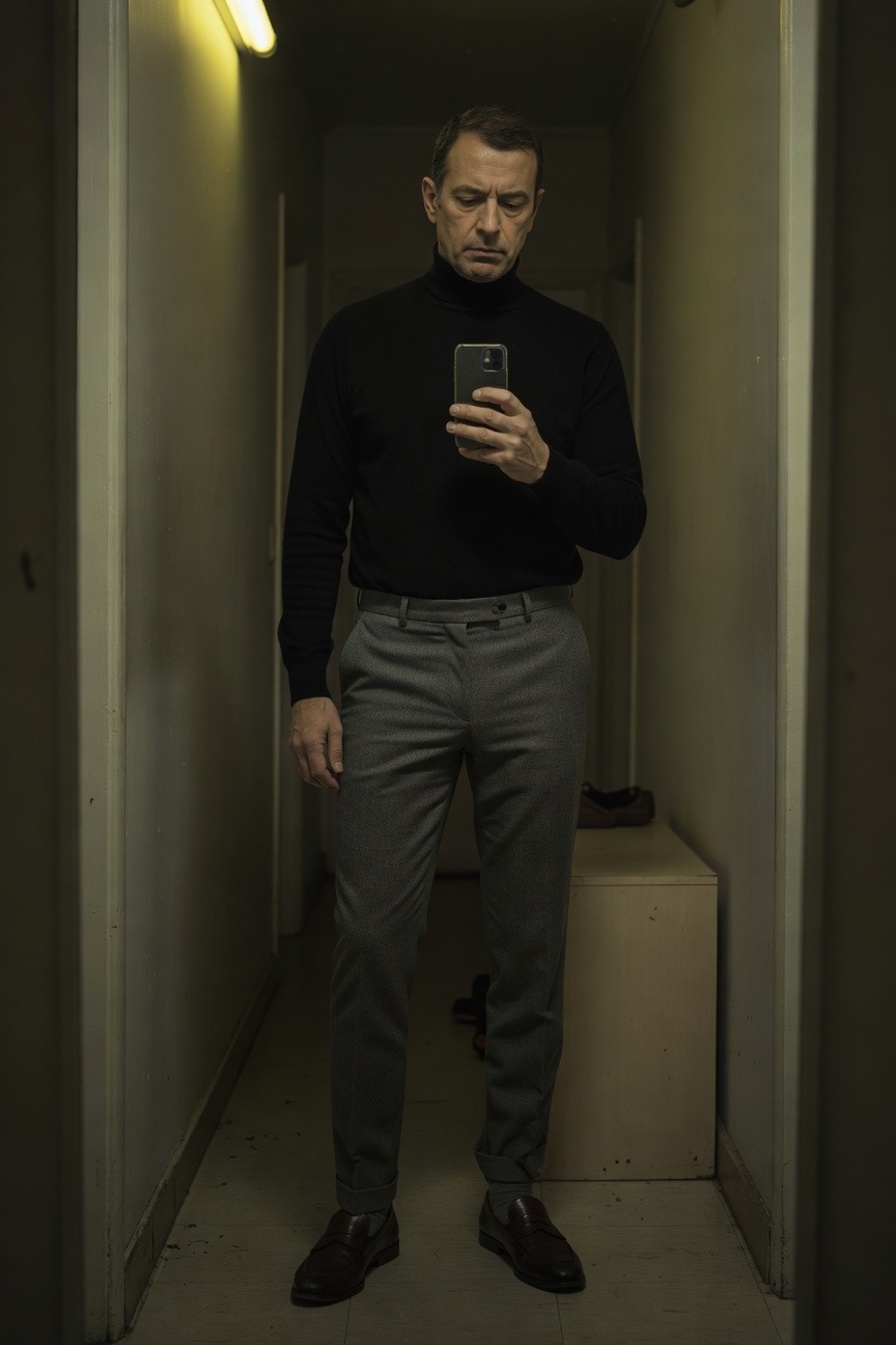 Man in a black turtleneck sweater, grey slim trousers, and brown leather loafers stands in a narrow indoor hallway taking a selfie with his phone