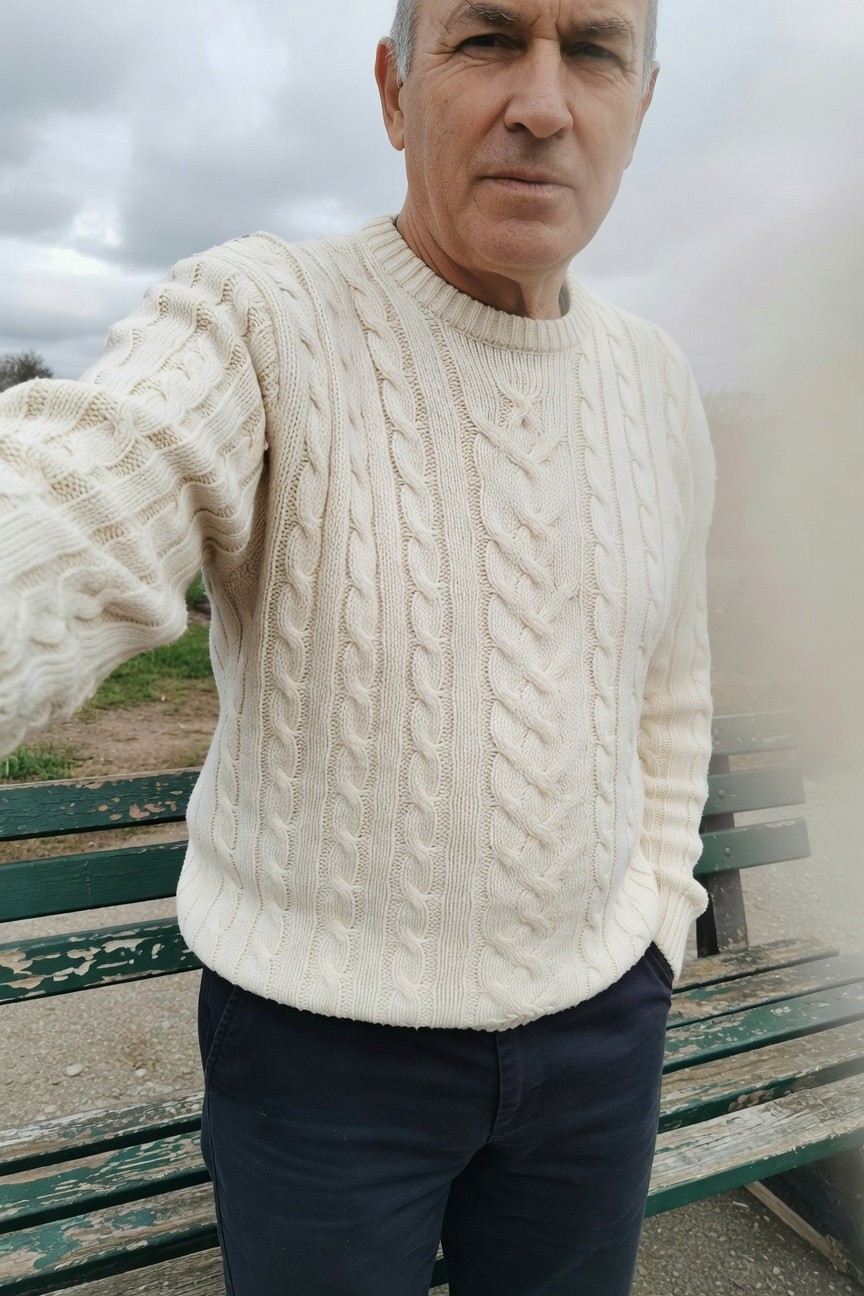 Older man in cream cable-knit crewneck sweater and dark slim trousers, selfie pose with hands in pockets by a green bench