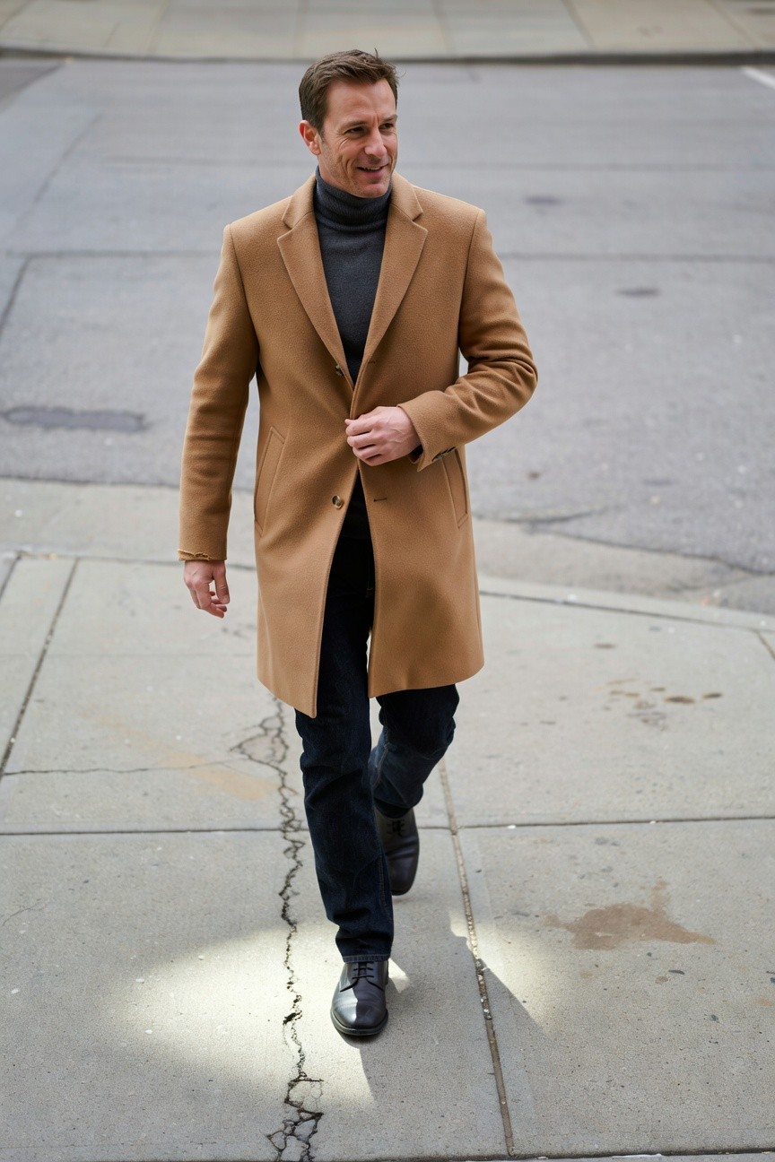 Man walking in a long camel-colored overcoat over black turtleneck, slim black pants, and black dress shoes on a city sidewalk