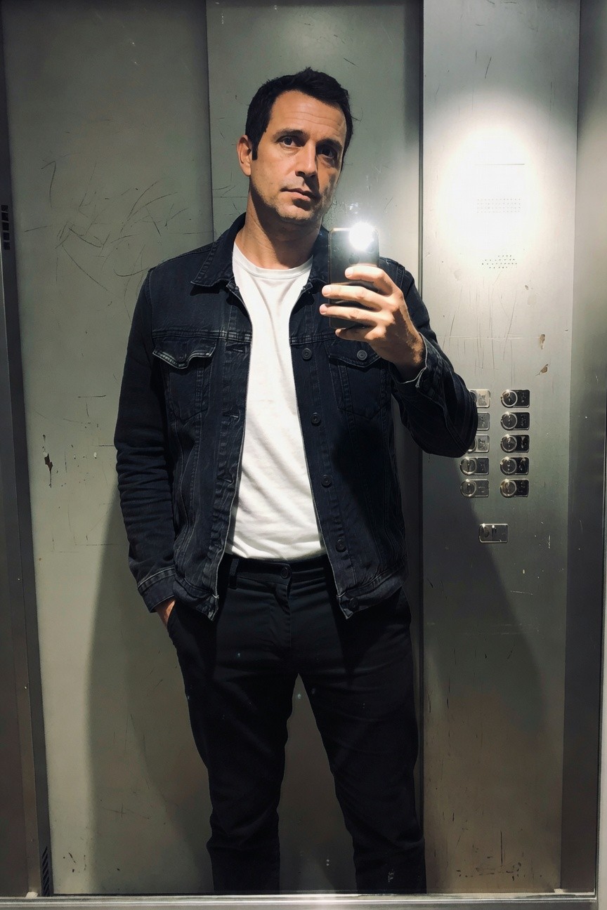 Man in elevator selfie wearing open dark denim jacket over white crewneck t-shirt black slim pants watch and subtle necklace casual refined pose