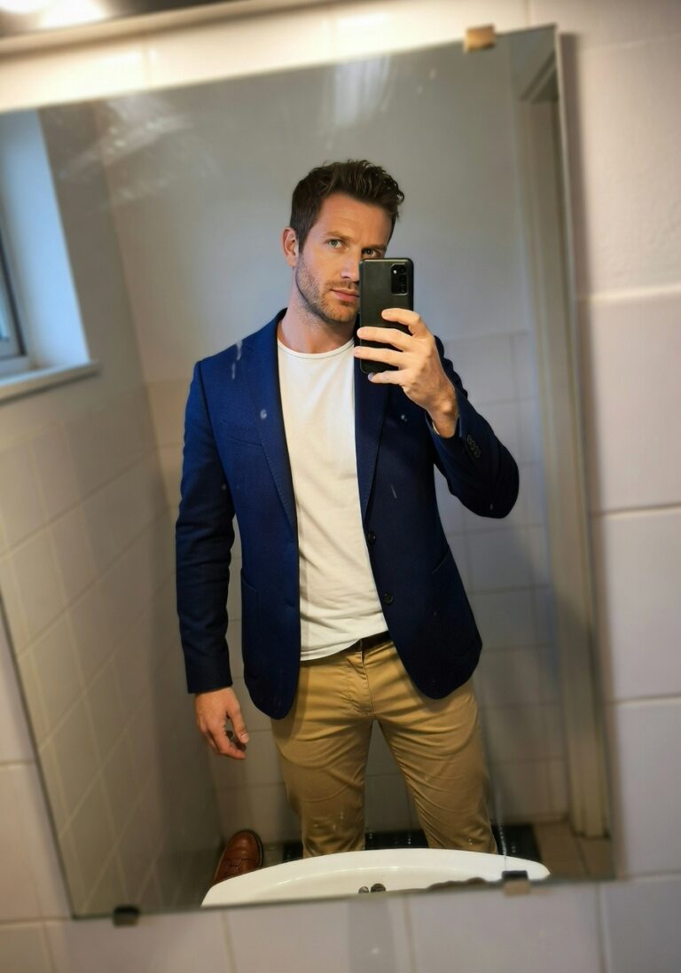 Man in slim navy blazer over white crewneck t-shirt, beige slim-fit chinos, and black slip-on shoes, taking a mirror selfie in a bathroom with sink visible