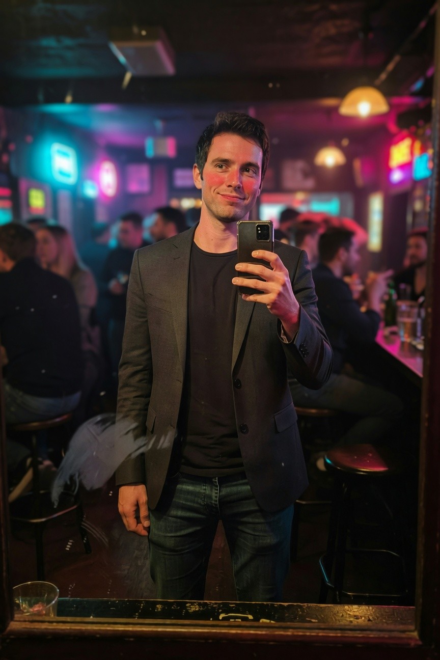 Man in slim gray blazer over black t-shirt and dark jeans taking a selfie in a neon-lit bar selfie in mirror with bar stools and patrons blurred behind